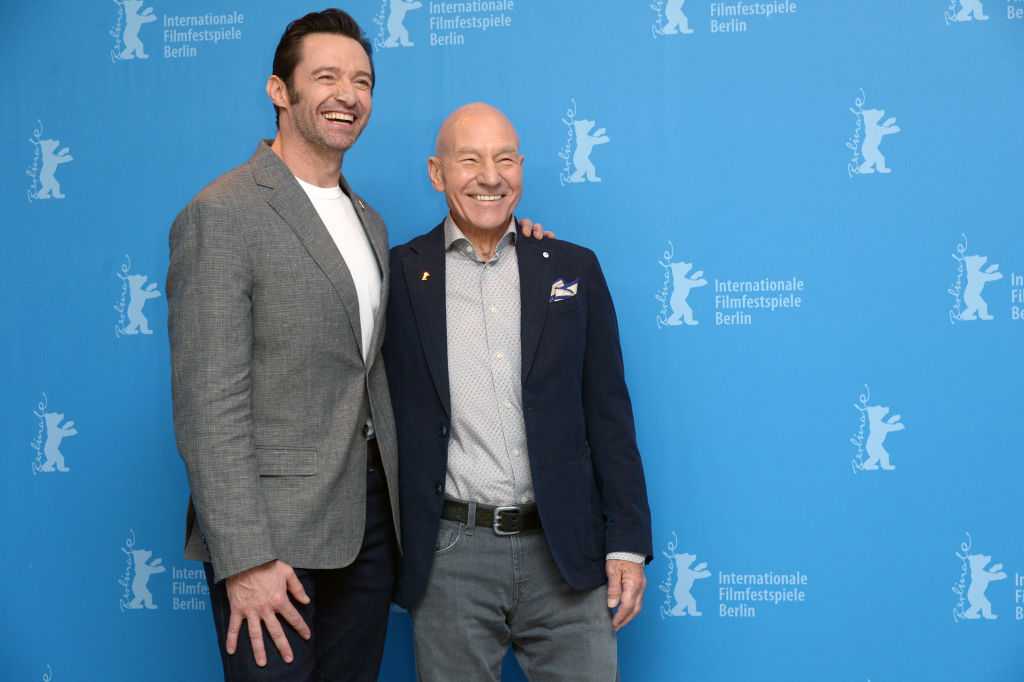 Hugh Jackman and Patrick Stewart at a film premiere